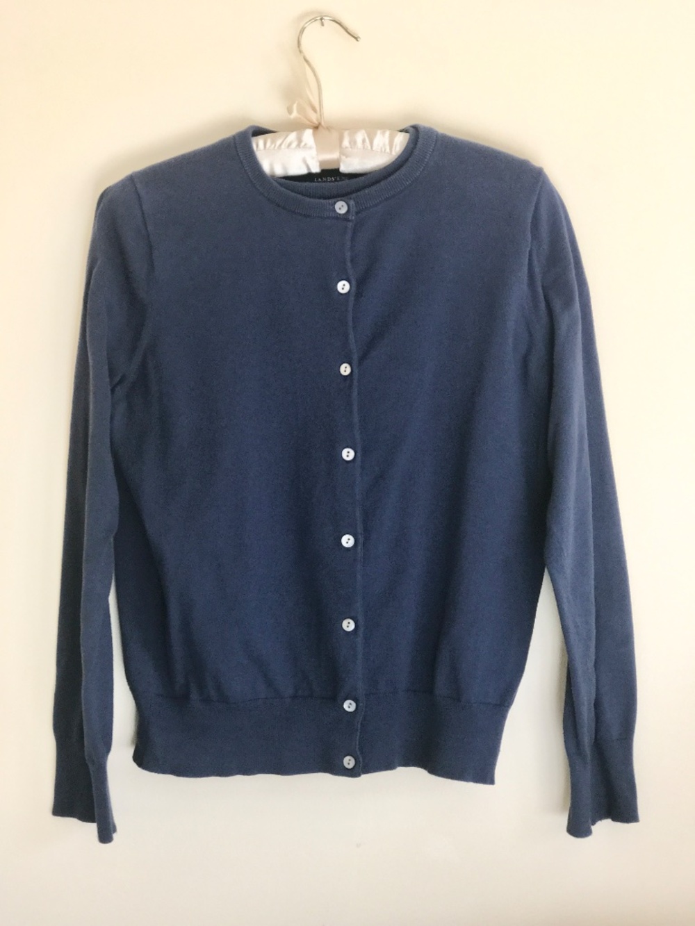 Lands' End Navy Blue Button-Front Crewneck Cardigan